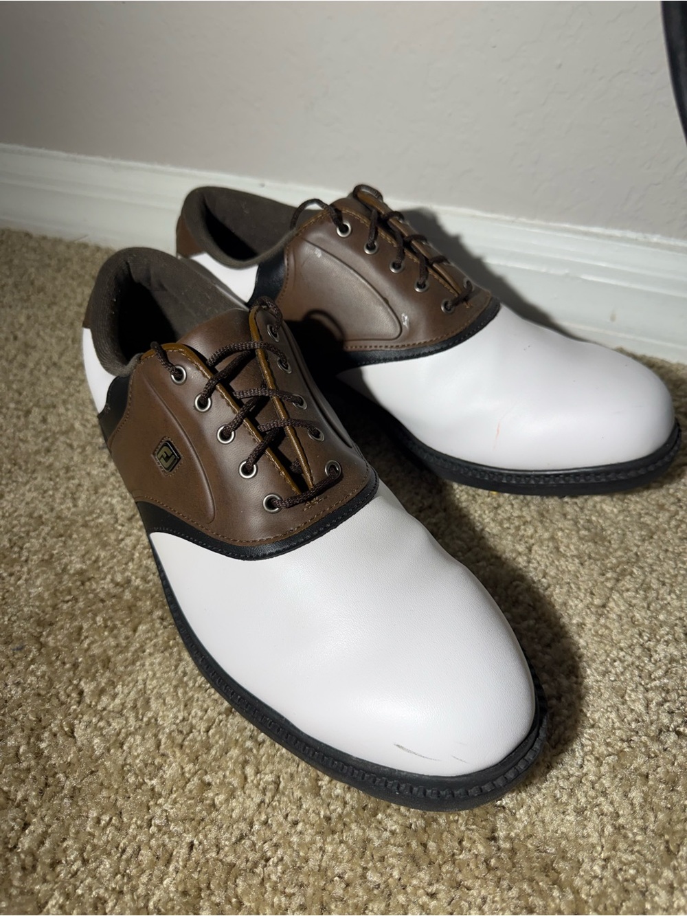FootJoy DryJoys Golf Shoes White Brown Spiked Leather Men’s Size 11M Waterproof